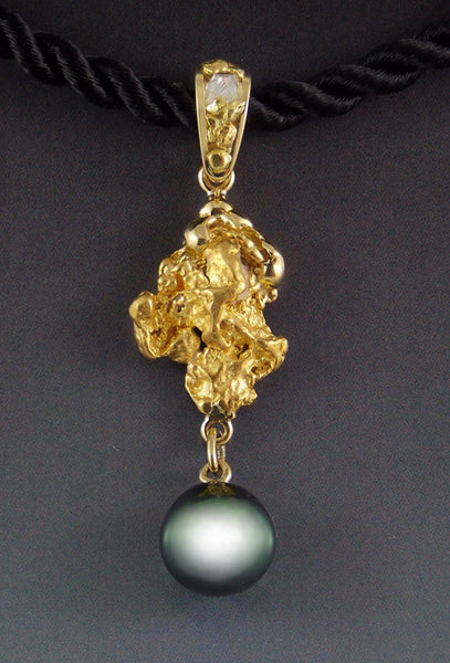 Tahitian Black Pearl, Raw Diamond and Gold Nugget Pendant