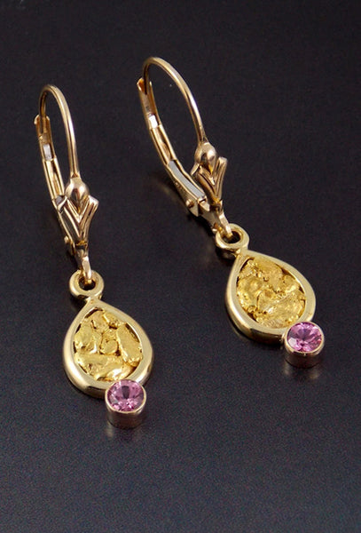 Pink Sapphire and Gold Nugget Earrings