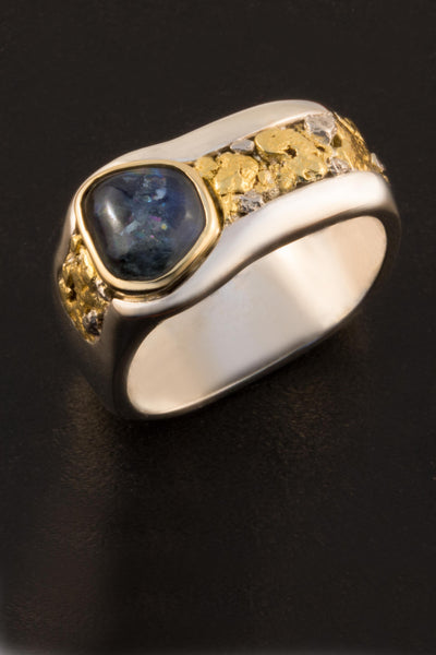 Montana Sapphire Ring with Gold and Platinum Nuggets