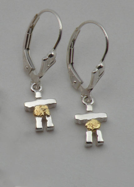 Sterling Silver and Gold Nugget Inukshuk Earrings - Small