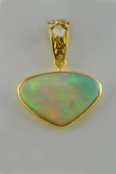 Ethiopian Opal, Diamond Crystal and Gold Nugget Pendant