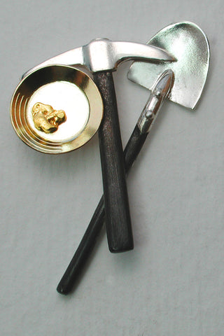 Lapel Pin with Gold Nugget, 14kt Gold Pan, Sterling Pick and Shovel