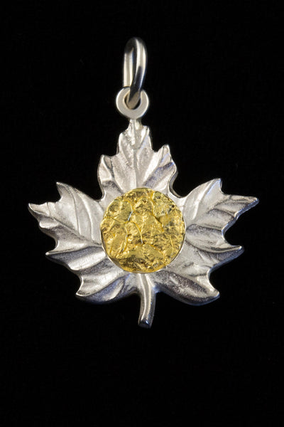 Sterling Silver Maple Leaf with Natural Gold Nugget Inlay