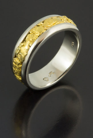 White Gold Wedding Band with Gold Nuggets