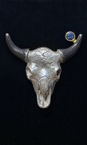 Sterling Silver Buffalo Skull Lapel Pin set with Montana Sapphire