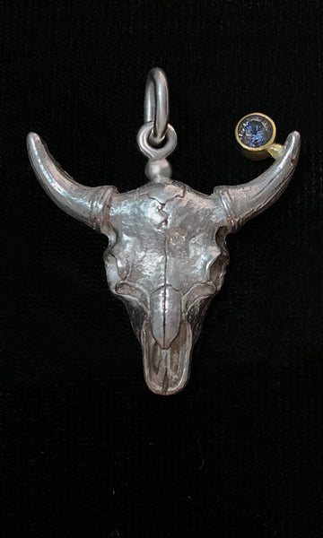 Sterling Silver Buffalo Skull Pendant set with Montana Sapphire