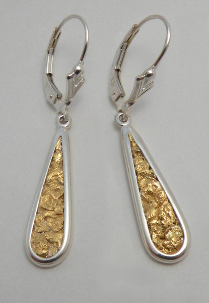 Natural Gold Nugget and Sterling Silver Long Teardrop Earrings