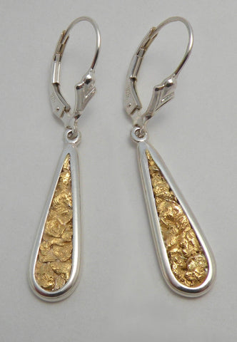 Natural Gold Nugget and Sterling Silver Long Teardrop Earrings