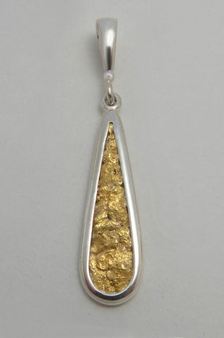 Natural Gold Nugget and Sterling Silver Long Teardrop Pendant