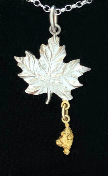 Sterling Silver Maple Leaf with Natural Gold Nugget Dangle