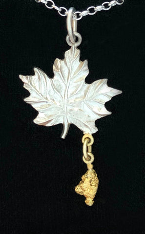 Sterling Silver Maple Leaf with Natural Gold Nugget Dangle