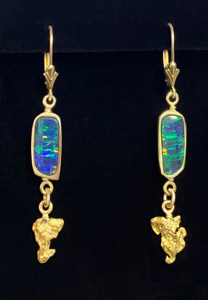Australian Opal and Natural Gold Nugget Drop Earrings