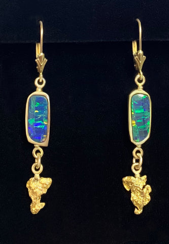 Australian Opal and Natural Gold Nugget Drop Earrings