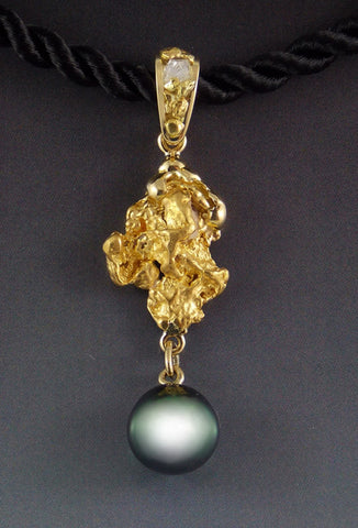 Tahitian Black Pearl, Raw Diamond and Gold Nugget Pendant