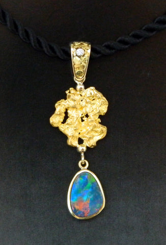 Opal, Diamond & Gold Nugget Pendant