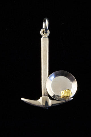 Sterling Silver Pan and Pick Pendant with Gold Nugget