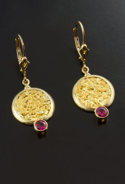 Ruby and Gold Nugget Earrings