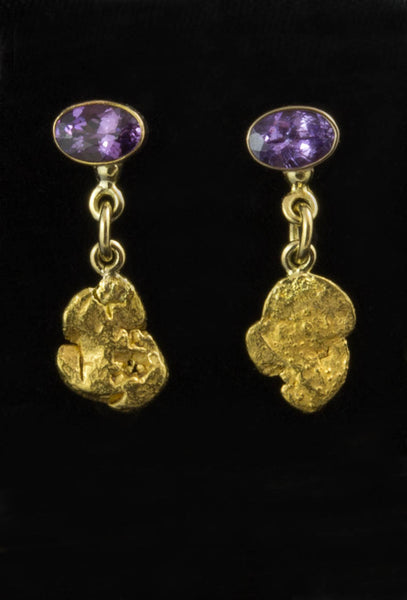 Purple Sapphire and Gold Nugget Earrings