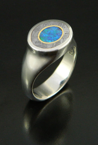 Gibeon Meteorite & Black Opal ring in Sterling Silver